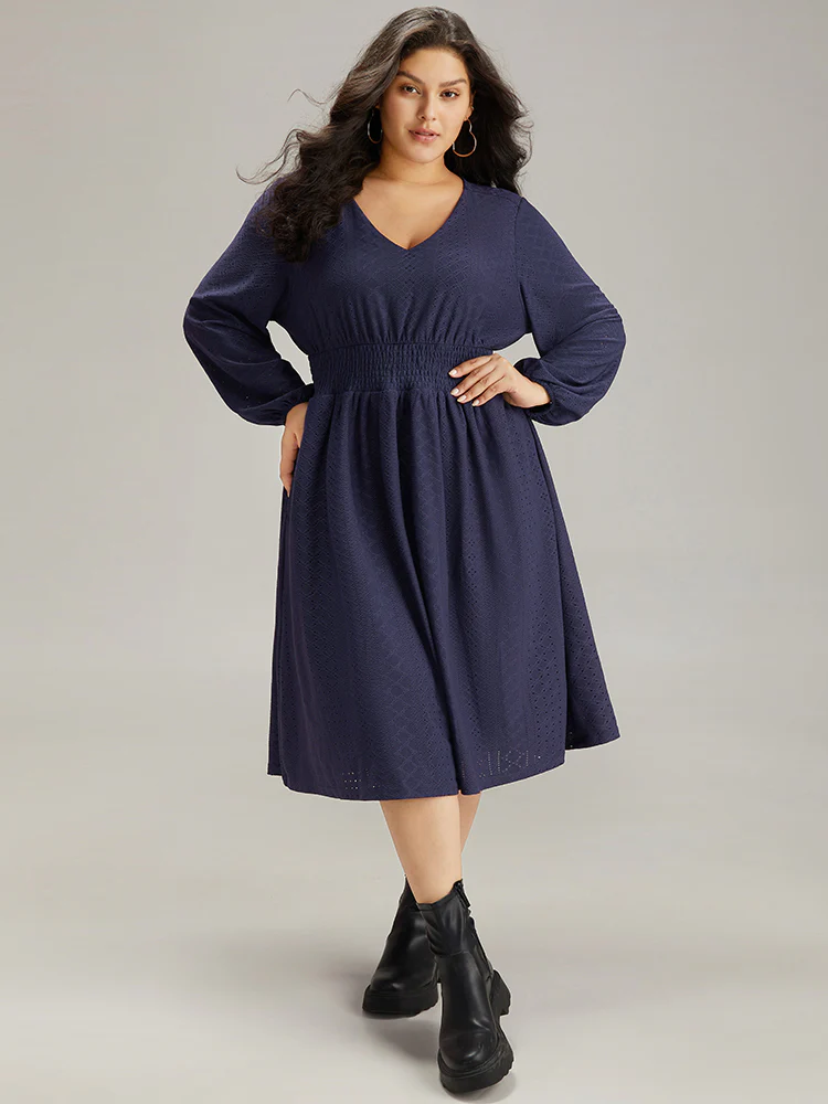 Plain Textured Shirred Ruffle Hem Dress - Image 2