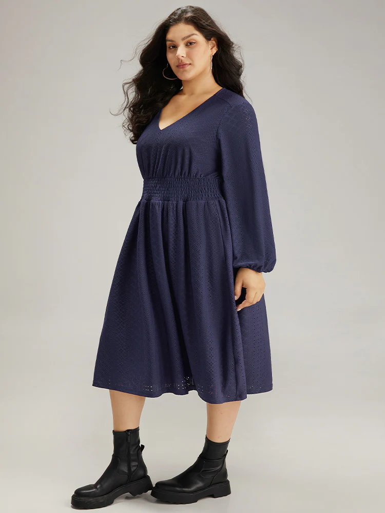 Plain Textured Shirred Ruffle Hem Dress - Image 4