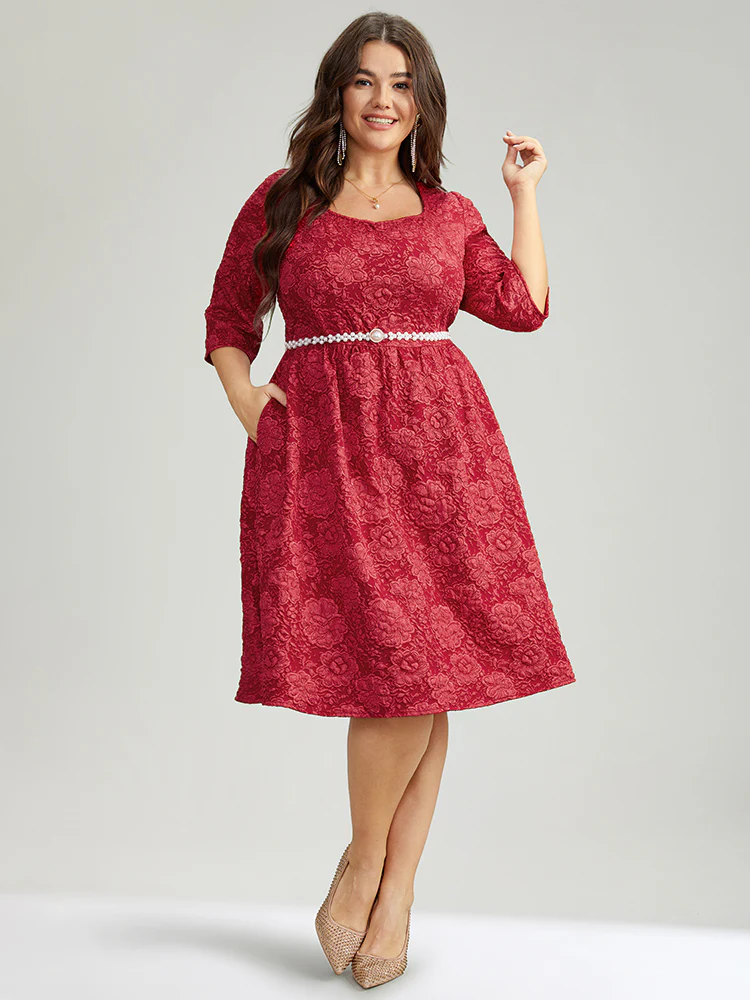 Plain Textured Square Neck Pocket Dress - Image 4