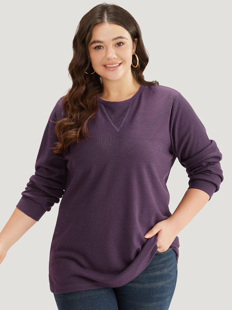 Plain Textured Stitch Crew Neck Sweatshirt - Image 3