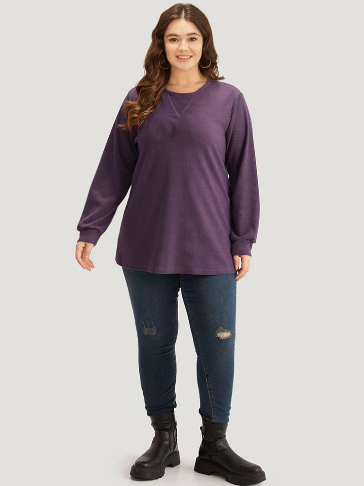 Plain Textured Stitch Crew Neck Sweatshirt - Image 5