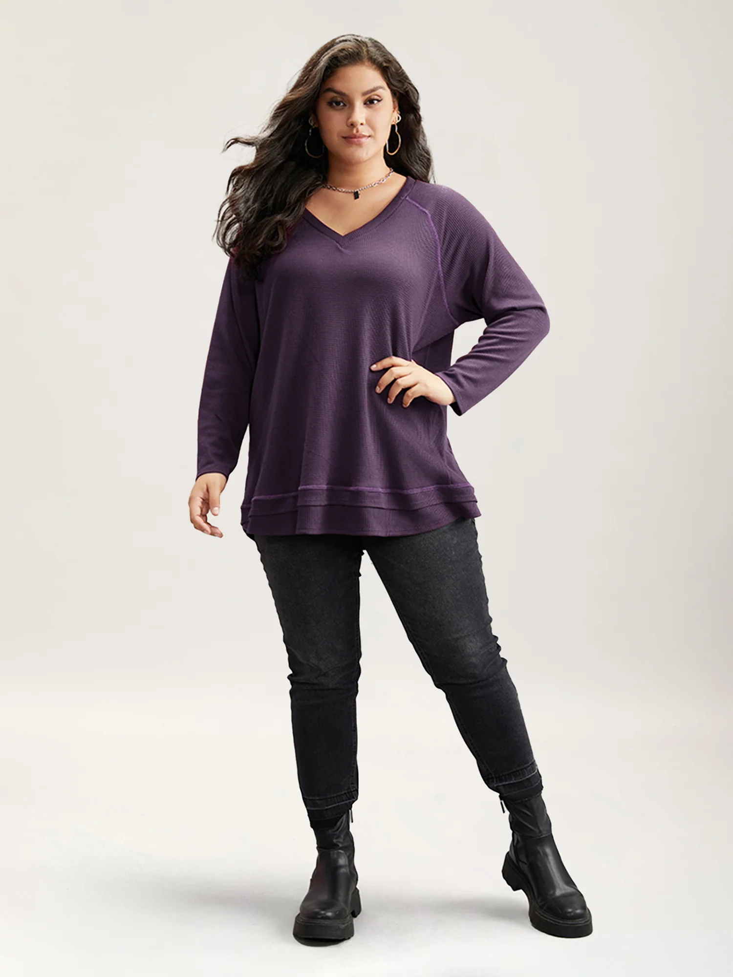 Plain Textured Stitch Raglan Sleeve Sweatshirt - Image 4