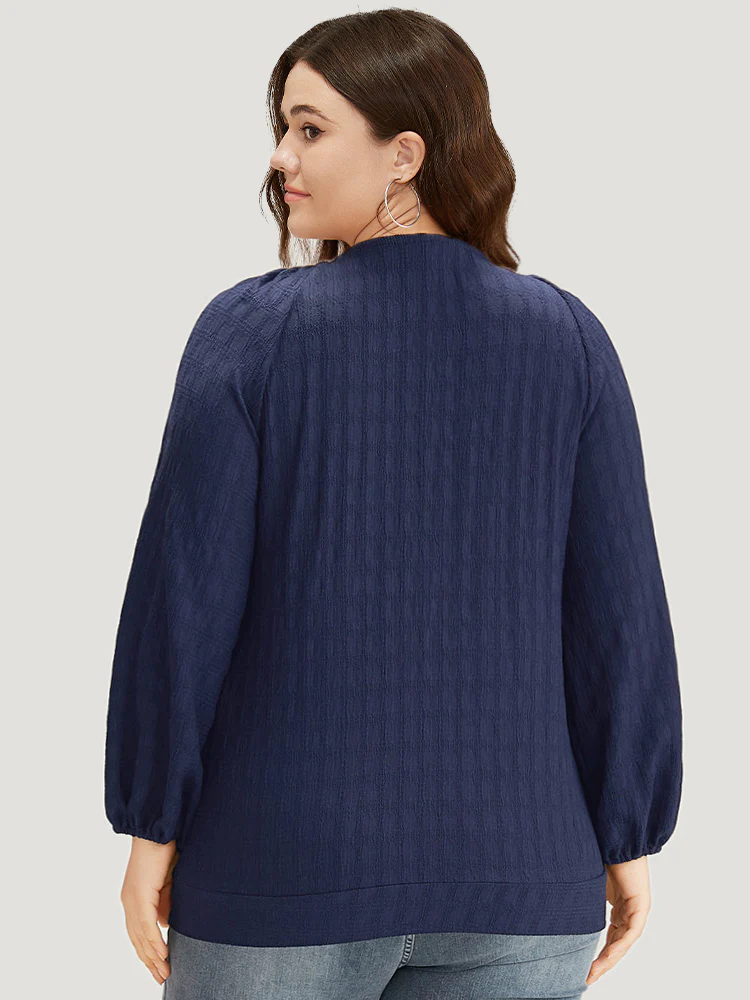 Plain Textured Tie Neck Lantern Sleeve T-shirt - Image 2