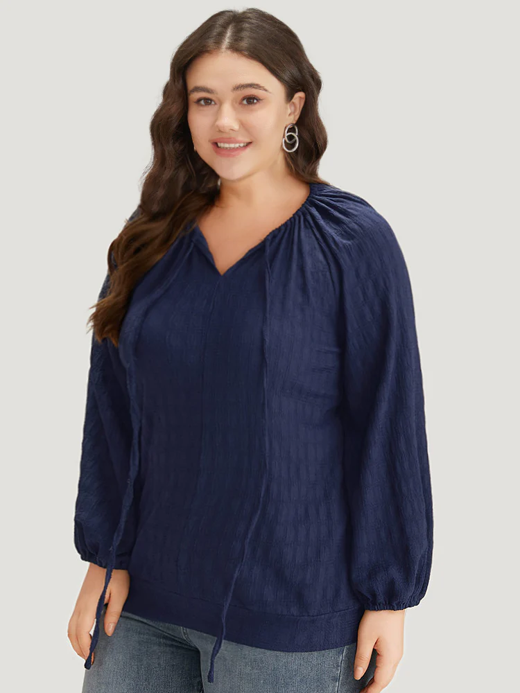 Plain Textured Tie Neck Lantern Sleeve T-shirt - Image 3
