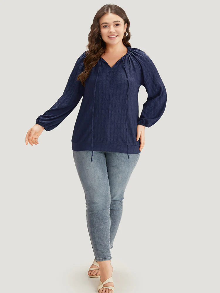 Plain Textured Tie Neck Lantern Sleeve T-shirt - Image 4