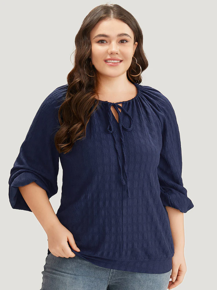 Plain Textured Tie Neck Lantern Sleeve T-shirt - Image 5