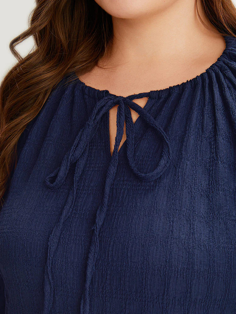 Plain Textured Tie Neck Lantern Sleeve T-shirt - Image 6