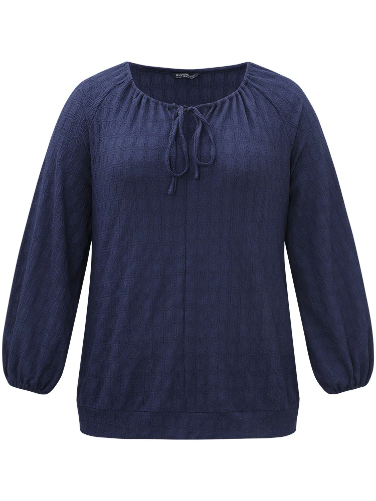 Plain Textured Tie Neck Lantern Sleeve T-shirt - Image 8