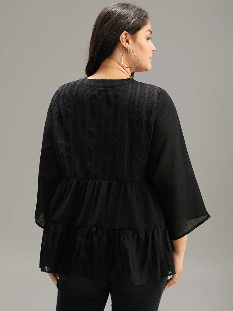 Plain Textured V Neck Elastic Waist Ruffle Hem Blouse - Image 2