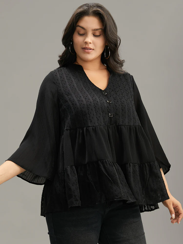 Plain Textured V Neck Elastic Waist Ruffle Hem Blouse - Image 3
