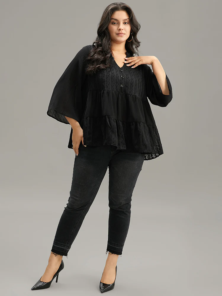 Plain Textured V Neck Elastic Waist Ruffle Hem Blouse - Image 4