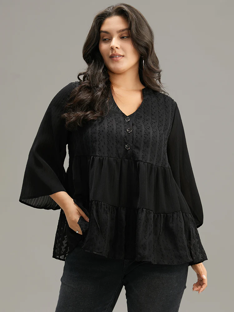 Plain Textured V Neck Elastic Waist Ruffle Hem Blouse - Image 5