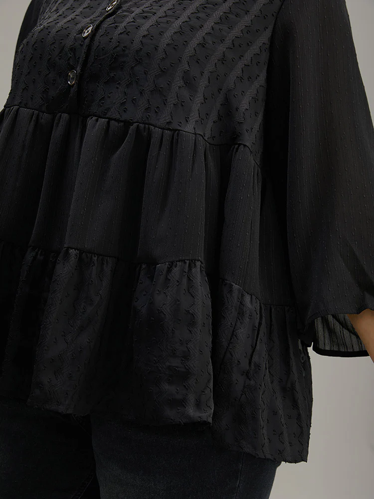 Plain Textured V Neck Elastic Waist Ruffle Hem Blouse - Image 6