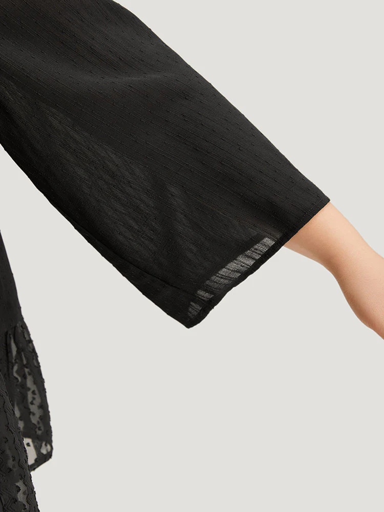 Plain Textured V Neck Elastic Waist Ruffle Hem Blouse - Image 7