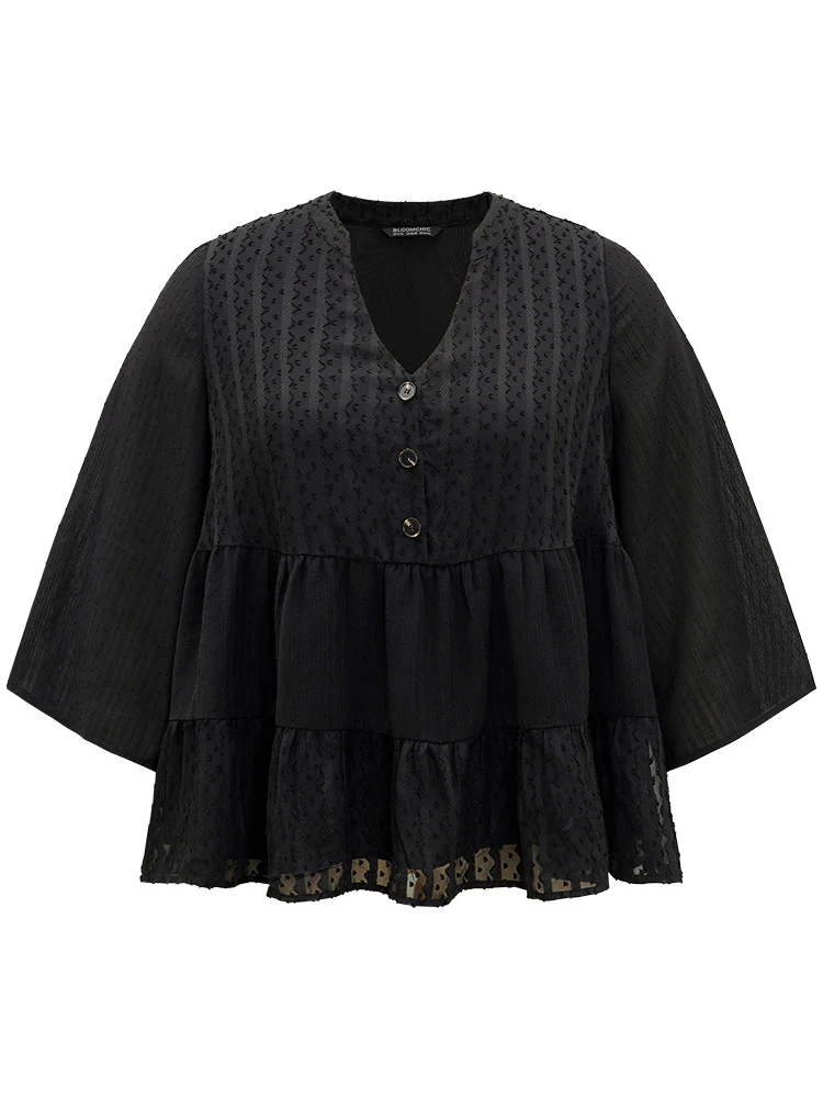 Plain Textured V Neck Elastic Waist Ruffle Hem Blouse - Image 8