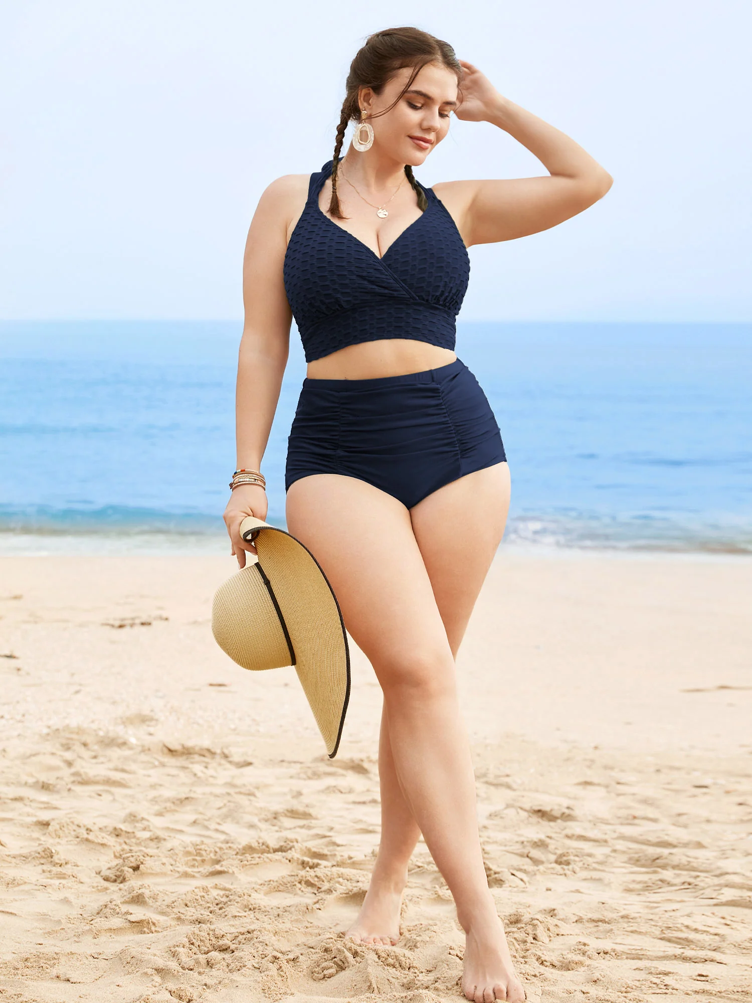 Plain Textured Wrap Tie Knot Swim Top - Image 10