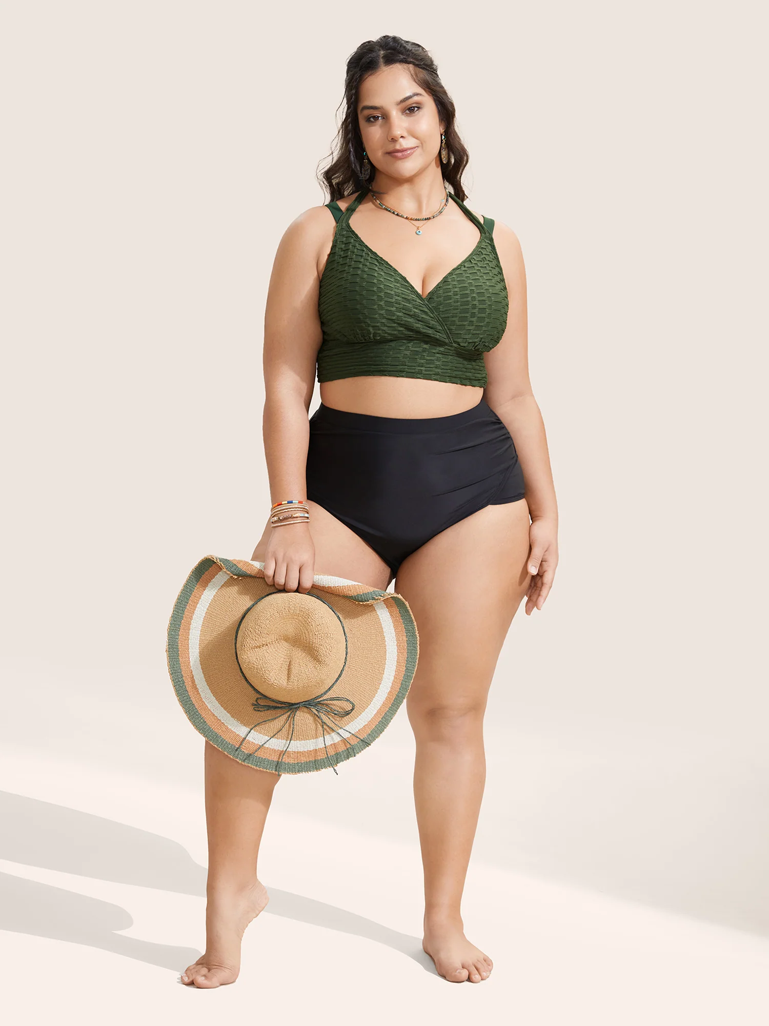 Plain Textured Wrap Tie Knot Swim Top - Image 2