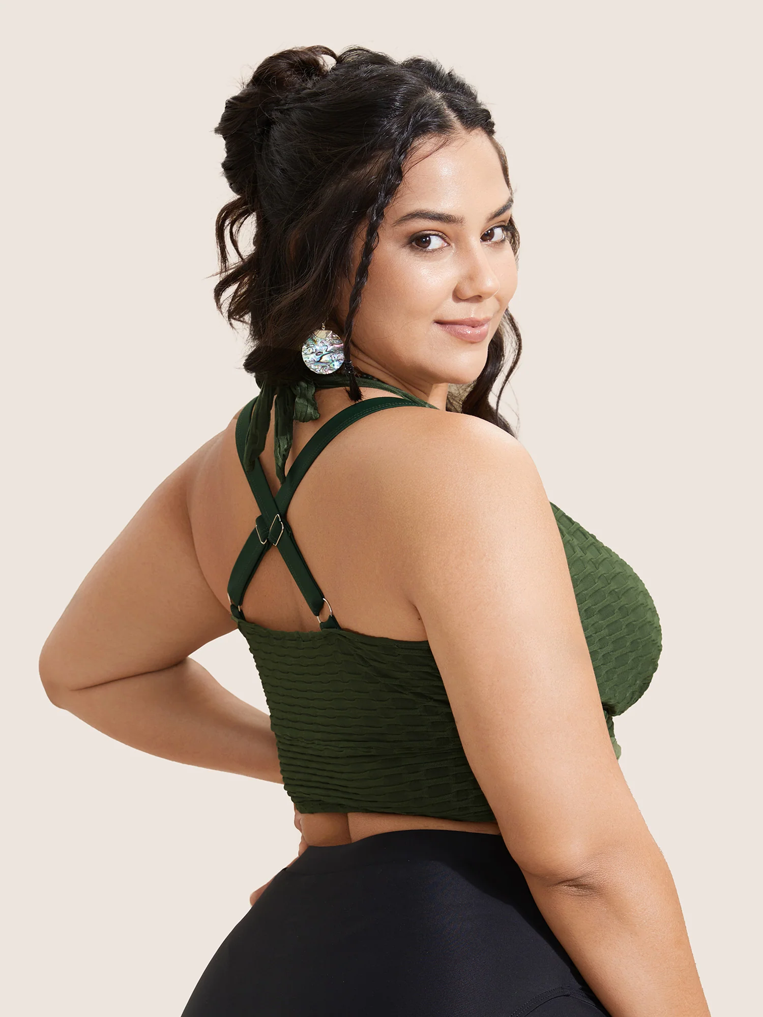 Plain Textured Wrap Tie Knot Swim Top - Image 4