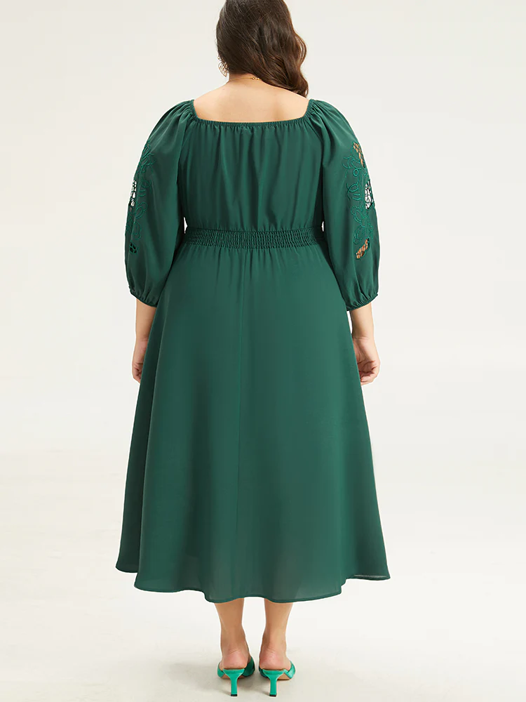 Plain Tie Neck Cut Out Shirred Dress - Image 2