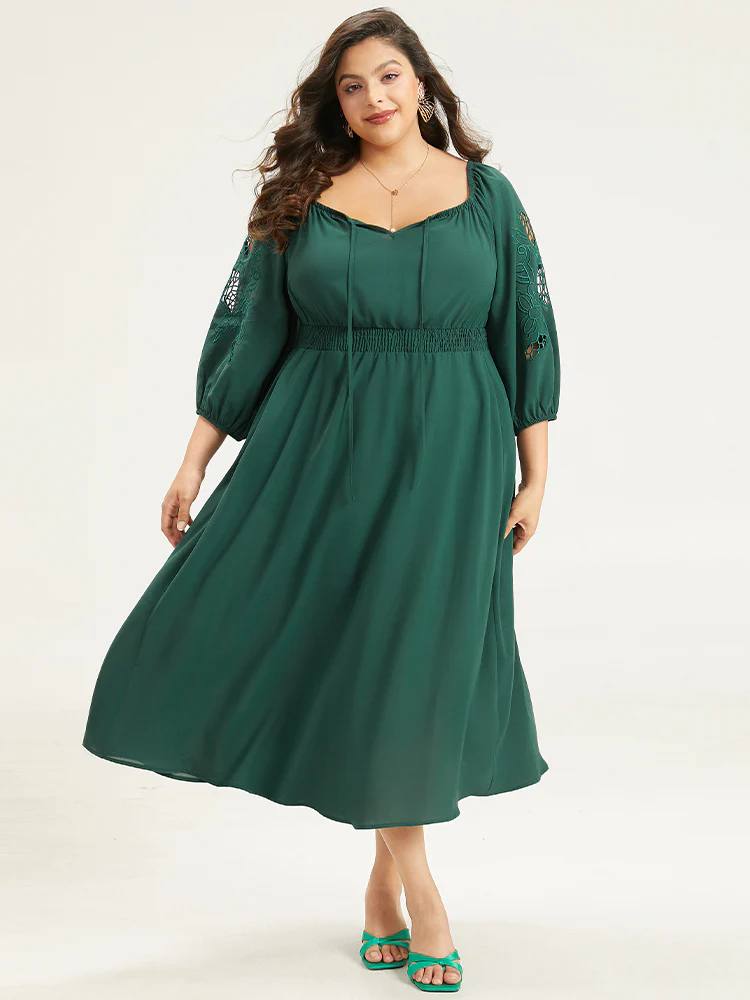 Plain Tie Neck Cut Out Shirred Dress - Image 3