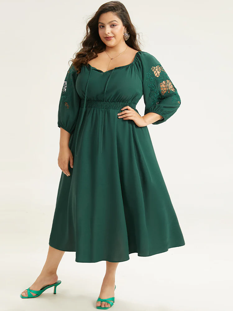 Plain Tie Neck Cut Out Shirred Dress - Image 4