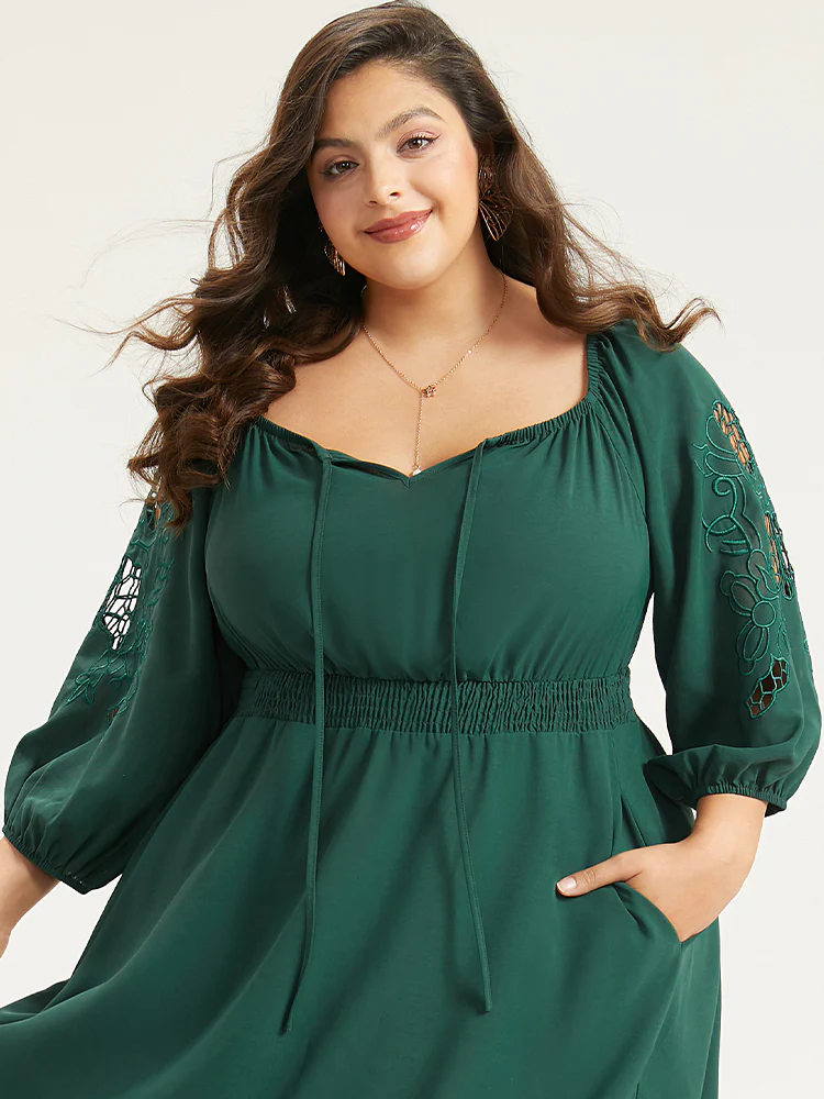 Plain Tie Neck Cut Out Shirred Dress - Image 5