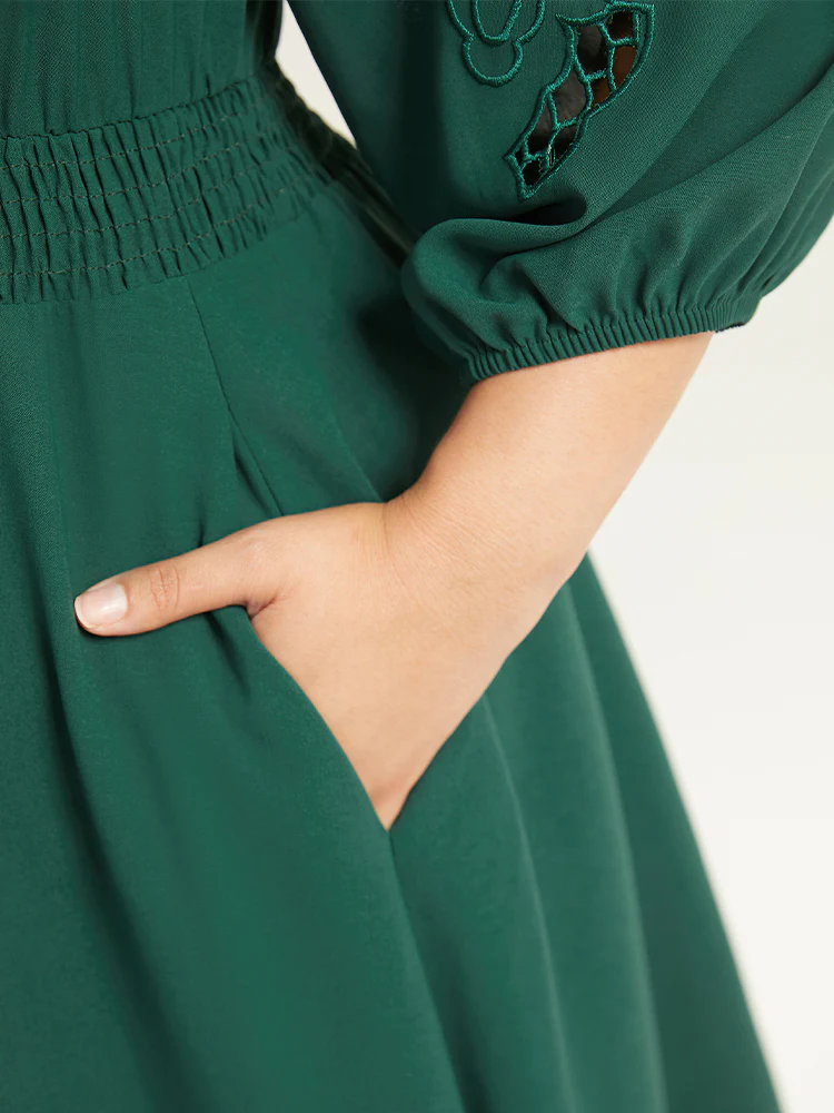 Plain Tie Neck Cut Out Shirred Dress - Image 7