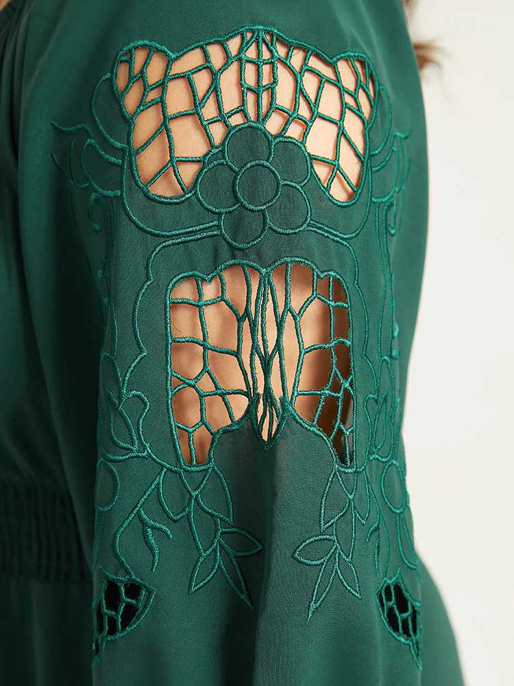 Plain Tie Neck Cut Out Shirred Dress - Image 8