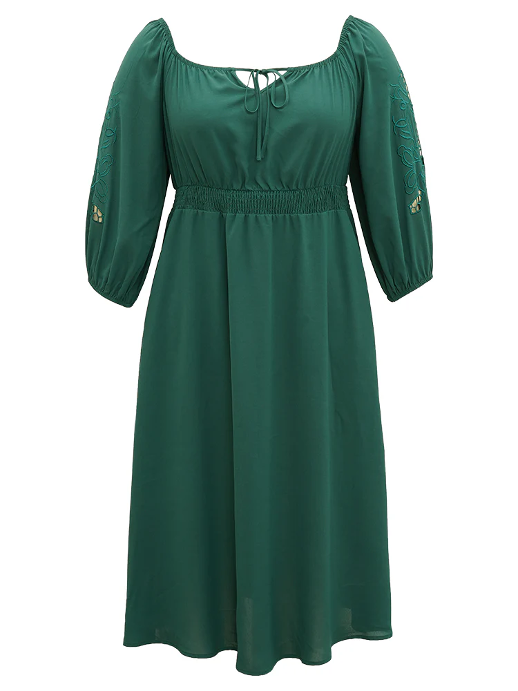 Plain Tie Neck Cut Out Shirred Dress - Image 9