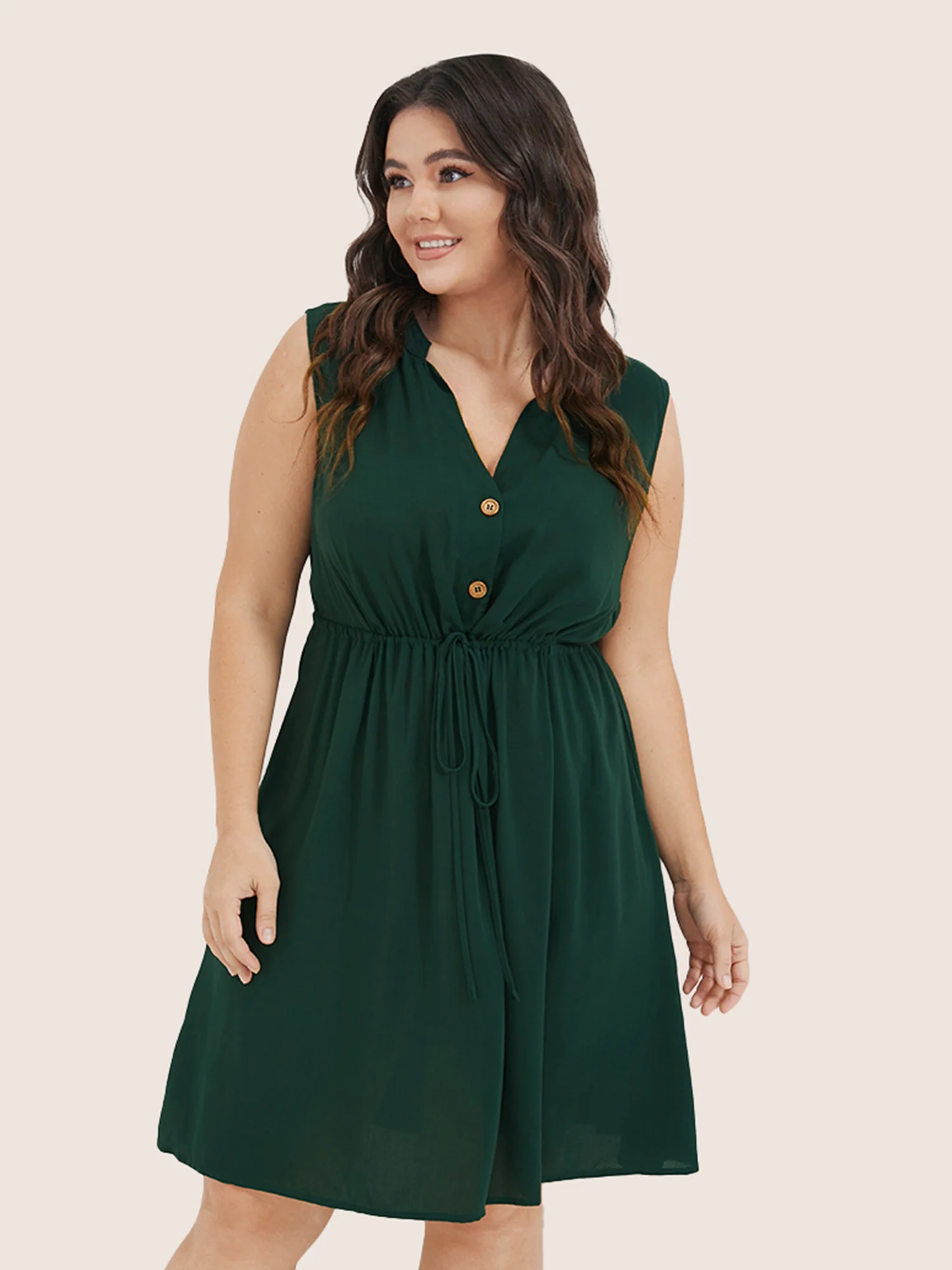 Plain Ties Front Button Pocket V Neck Dress - Image 3