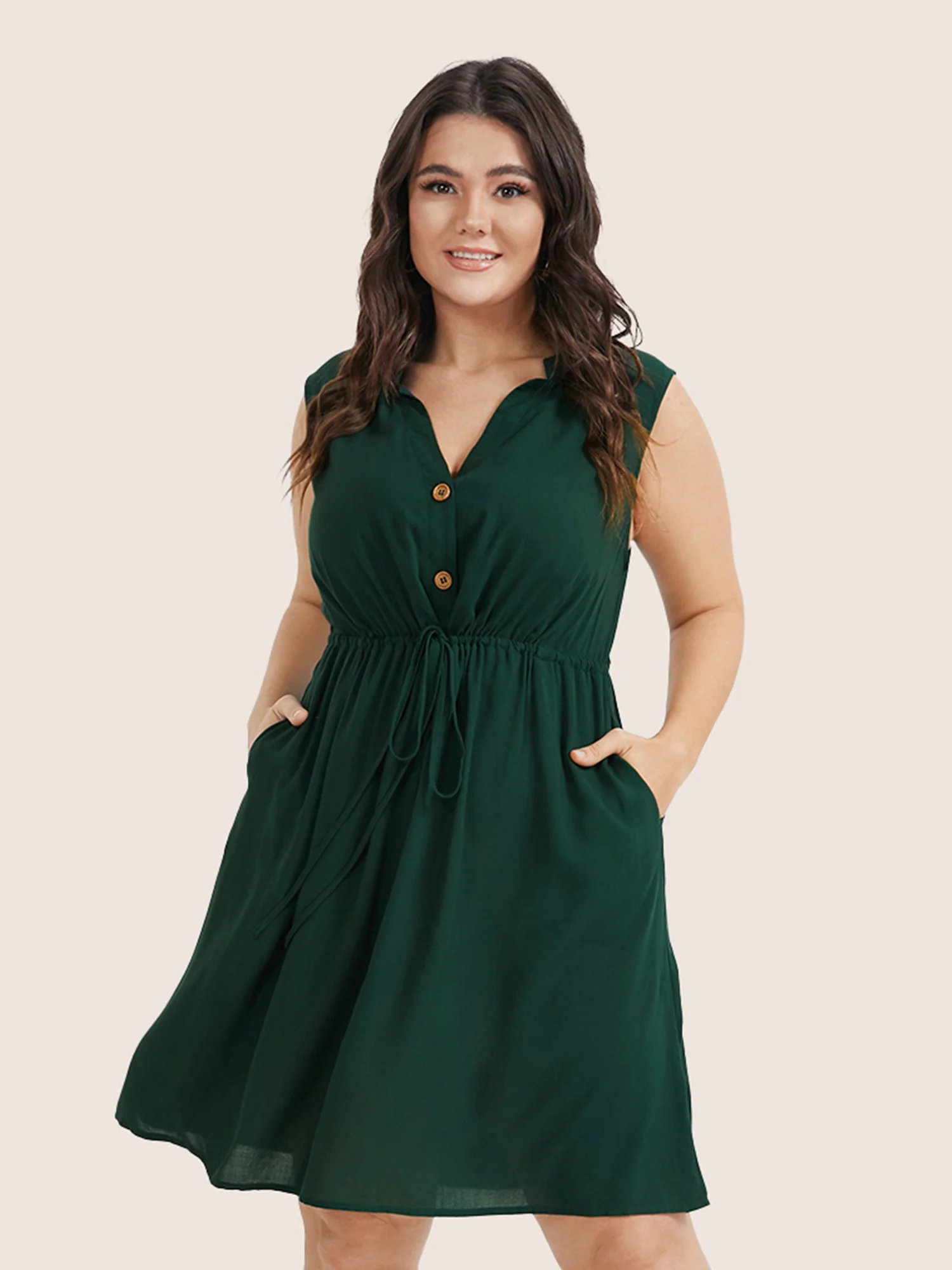 Plain Ties Front Button Pocket V Neck Dress - Image 4