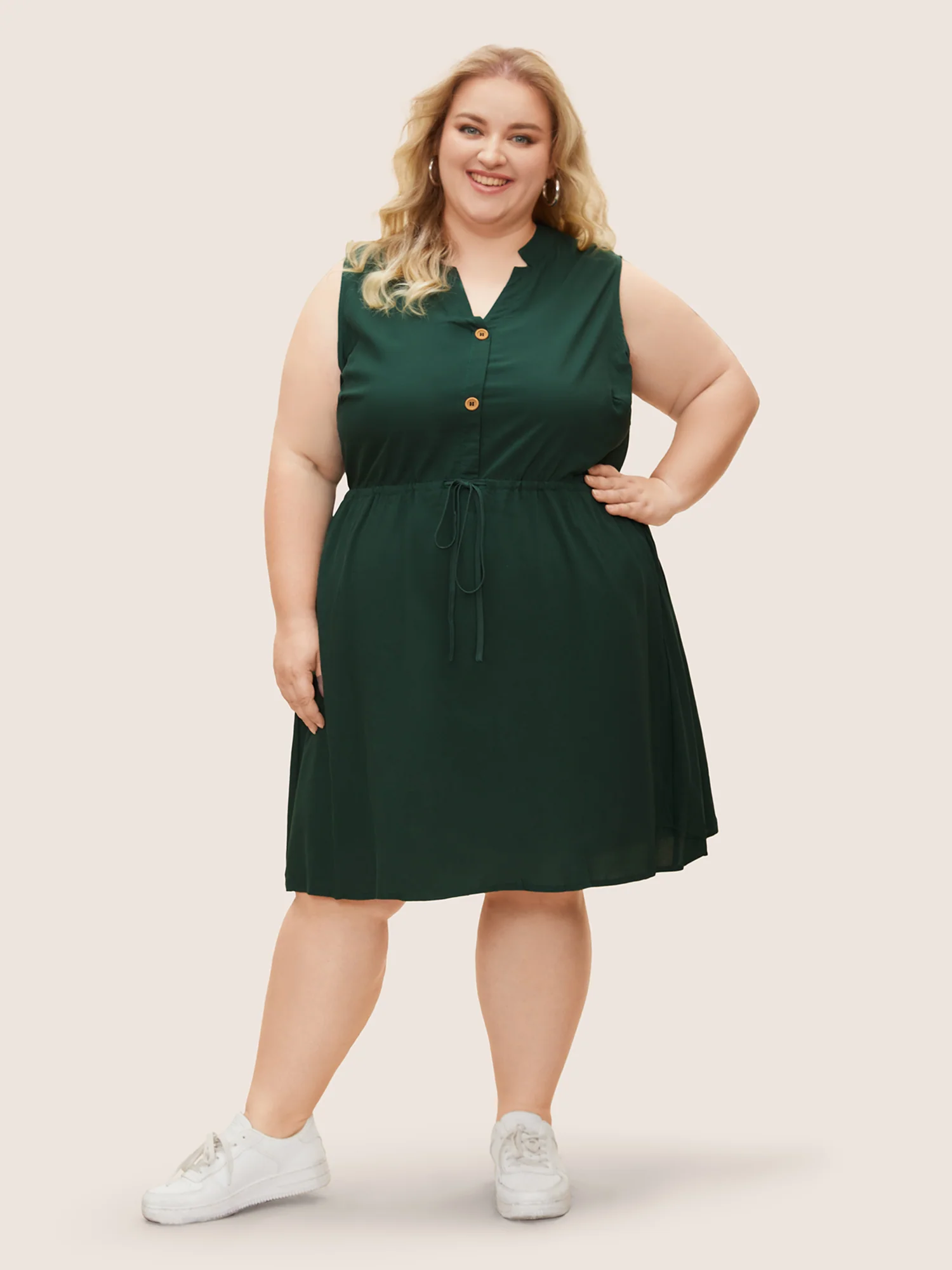 Plain Ties Front Button Pocket V Neck Dress - Image 6