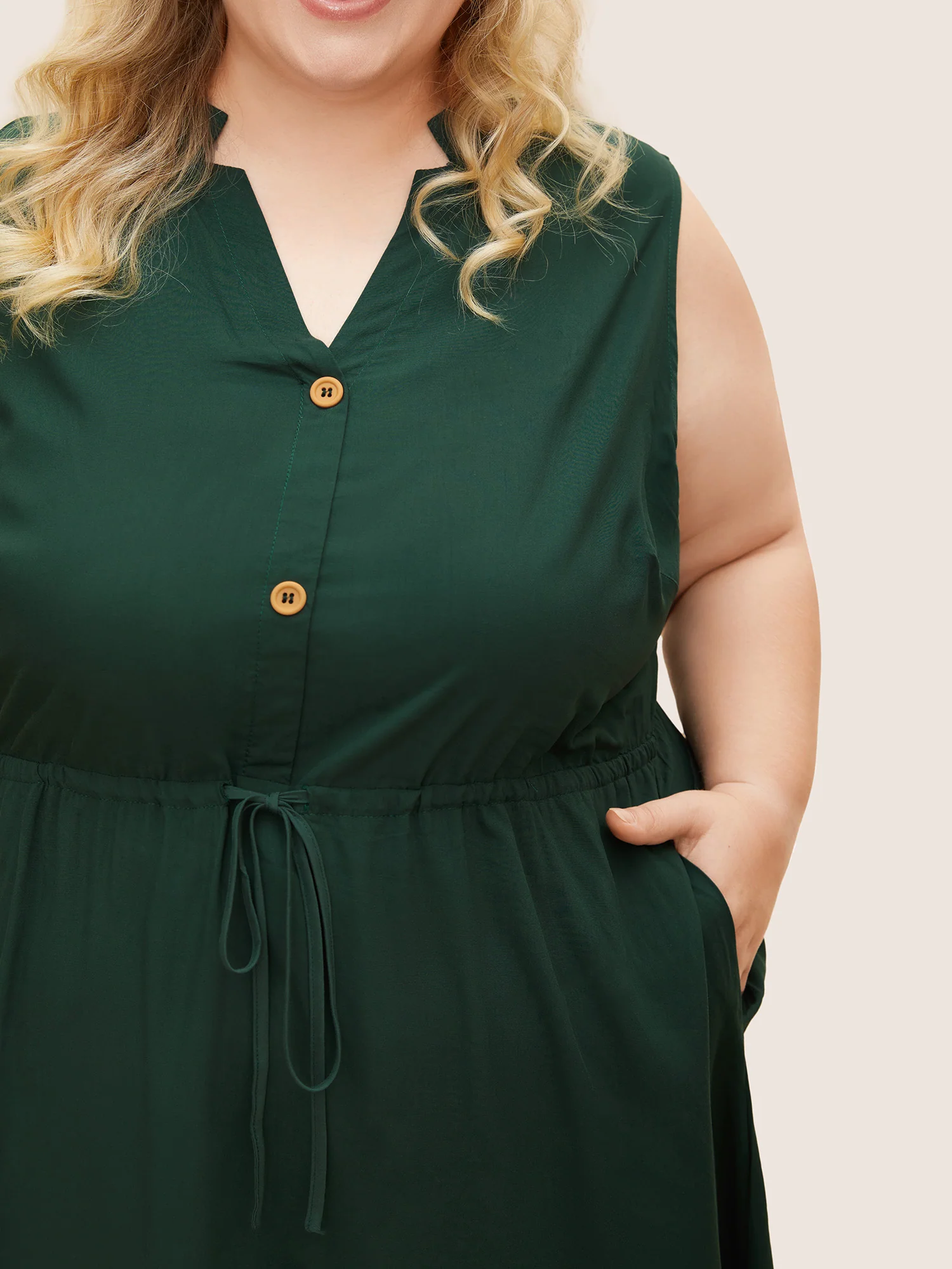 Plain Ties Front Button Pocket V Neck Dress - Image 7