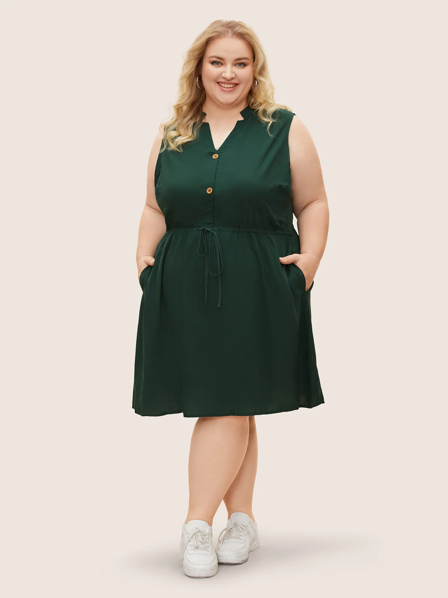 Plain Ties Front Button Pocket V Neck Dress - Image 8