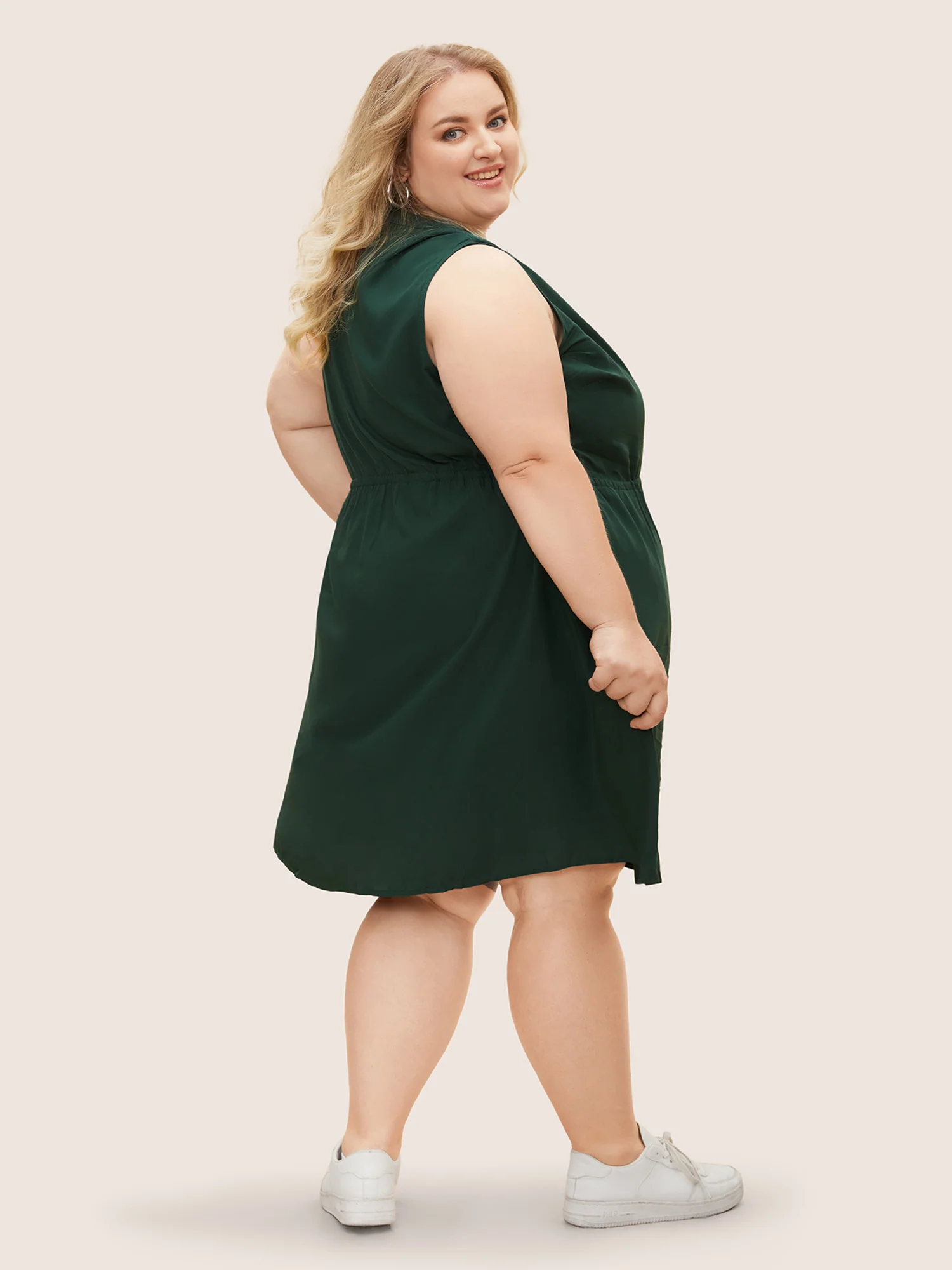 Plain Ties Front Button Pocket V Neck Dress - Image 9