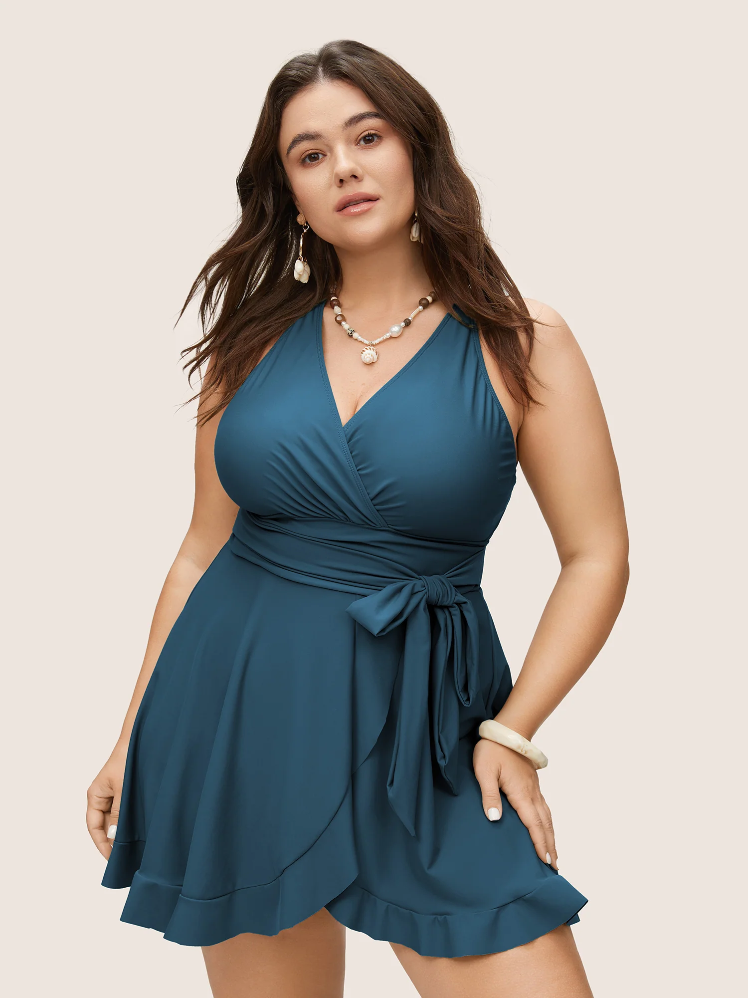 Plain Ties Wrap Flutters Swim Dress - Image 18