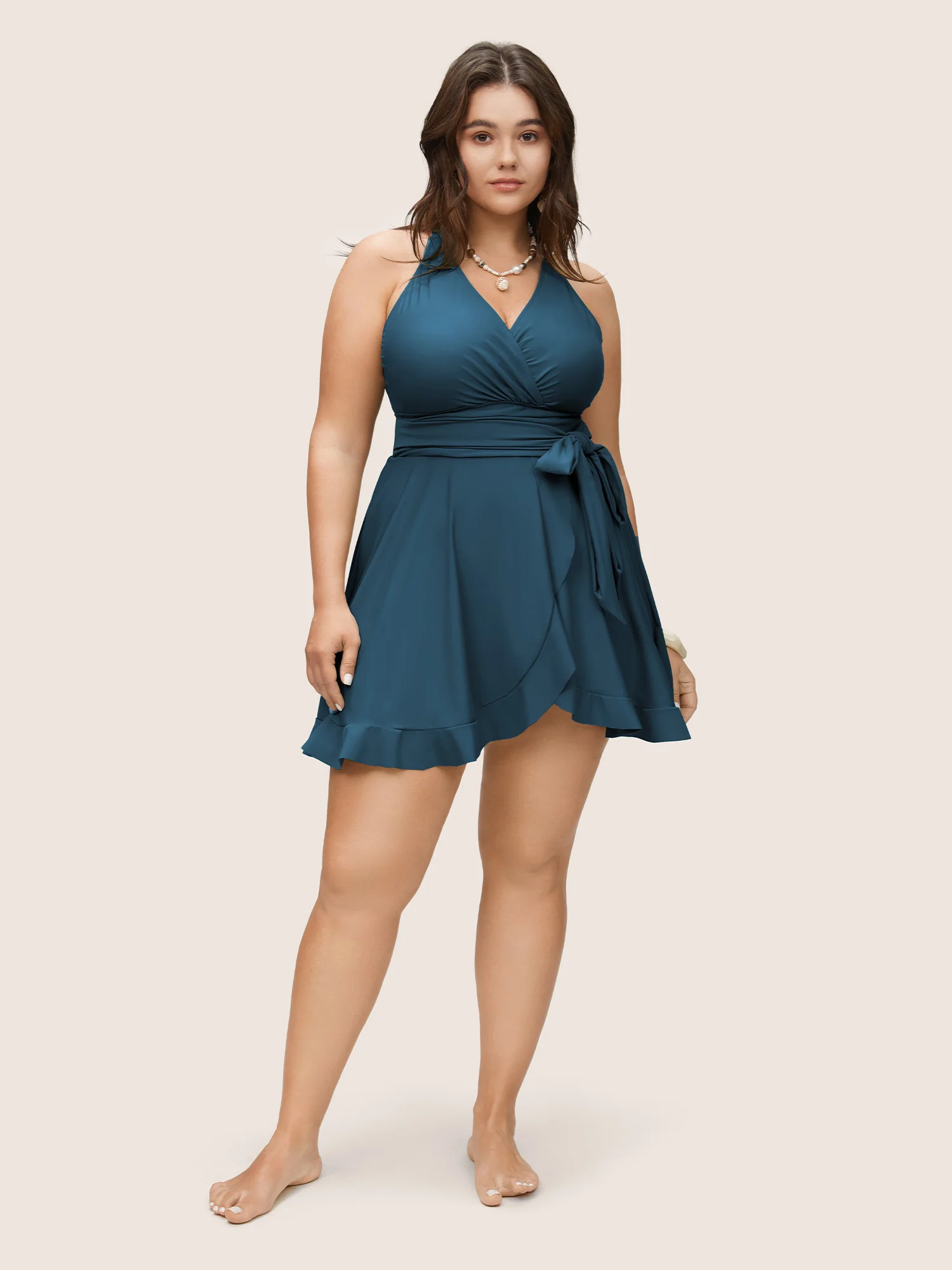 Plain Ties Wrap Flutters Swim Dress - Image 21