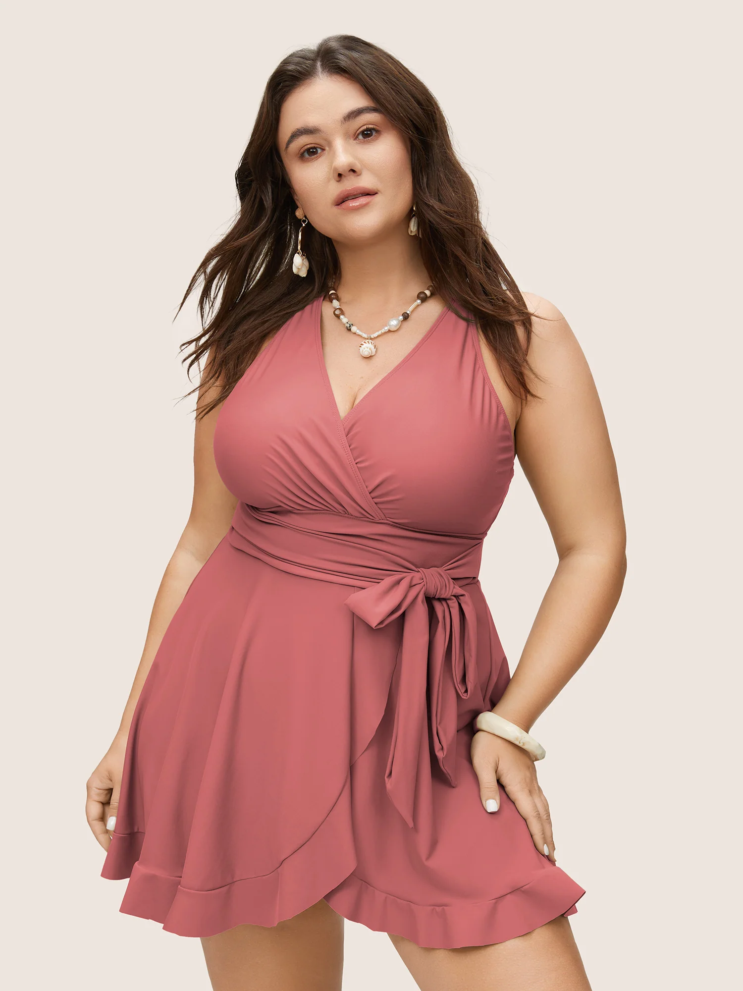 Plain Ties Wrap Flutters Swim Dress - Image 22