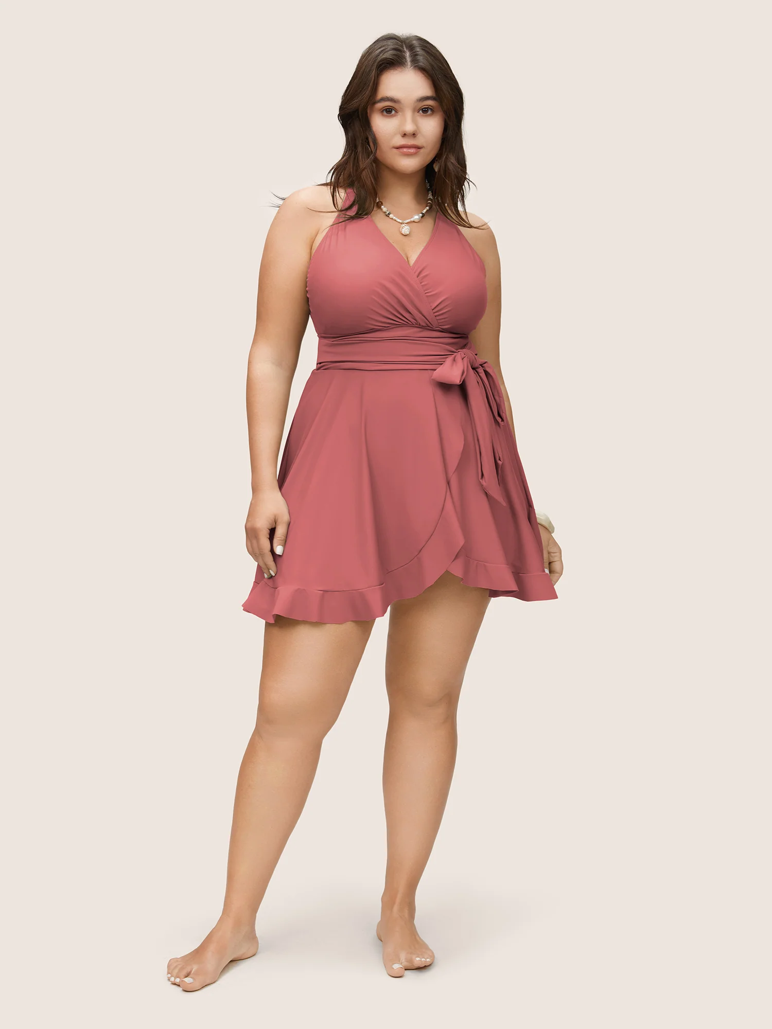 Plain Ties Wrap Flutters Swim Dress - Image 25