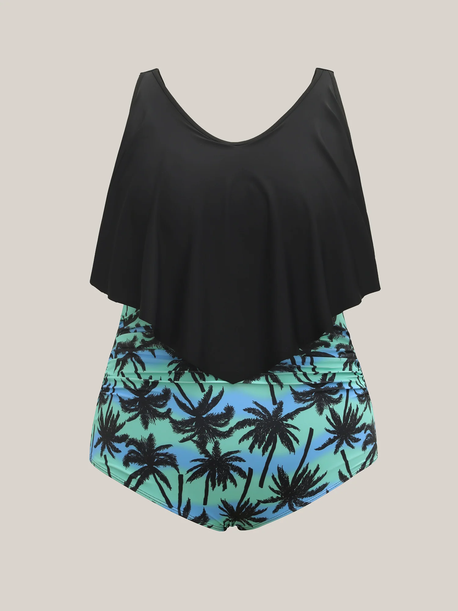 Plain Tropical Pattern Layered One-Piece Swimsuit - Image 7