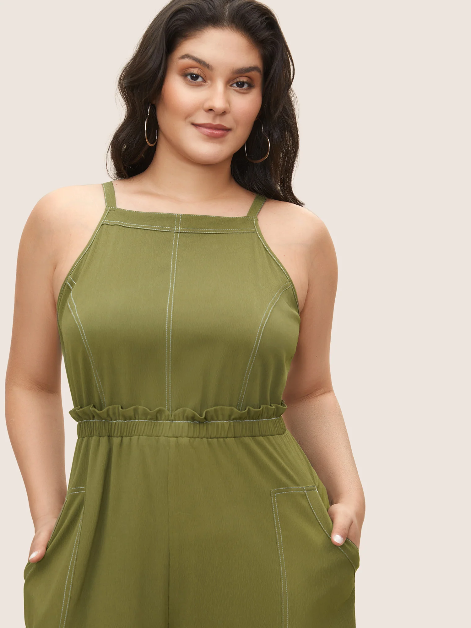 Plain Tucked Seam Frill Trim Jumpsuit - Image 2