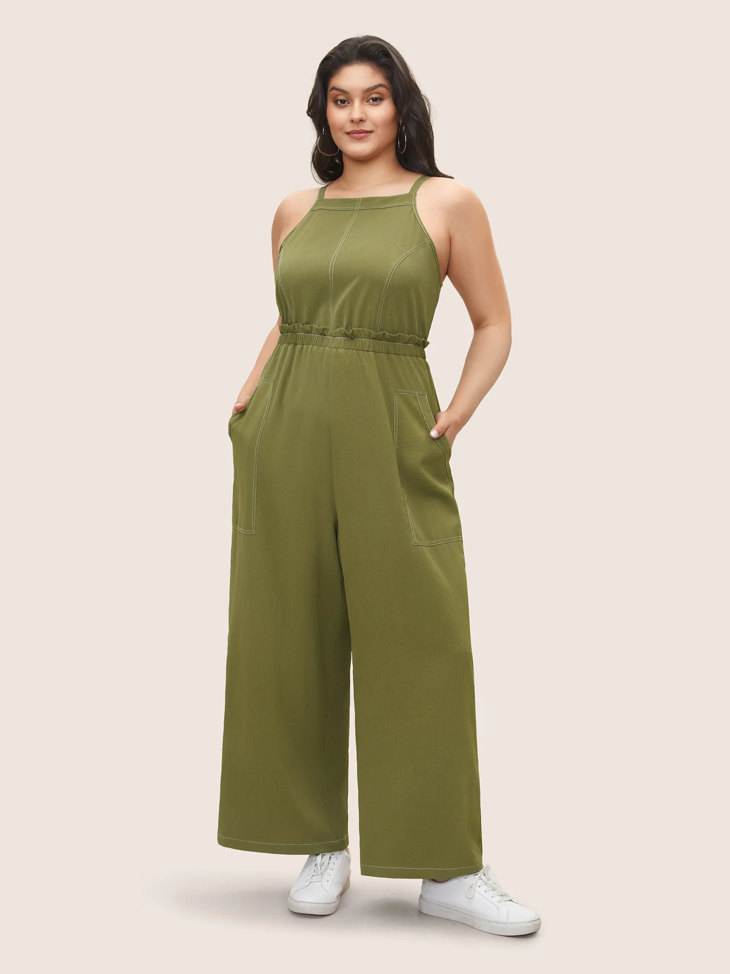 Plain Tucked Seam Frill Trim Jumpsuit - Image 3
