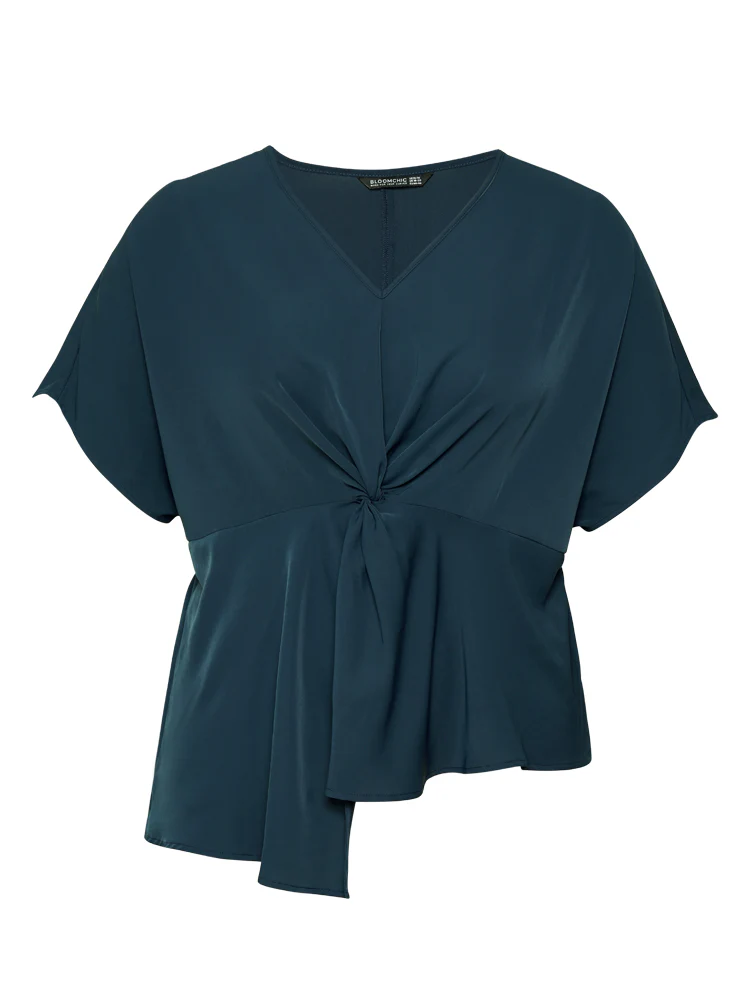 Plain Twist Front Dolman Sleeve Asymmetrical Hem Blouse - Image 10