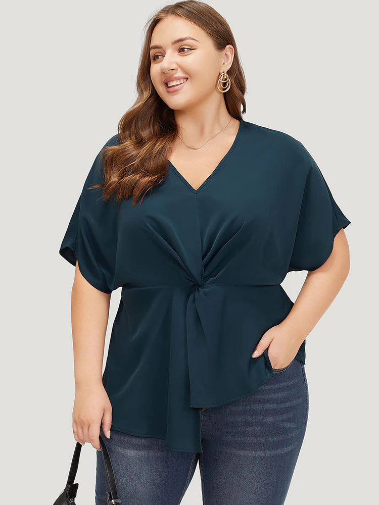 Plain Twist Front Dolman Sleeve Asymmetrical Hem Blouse - Image 2