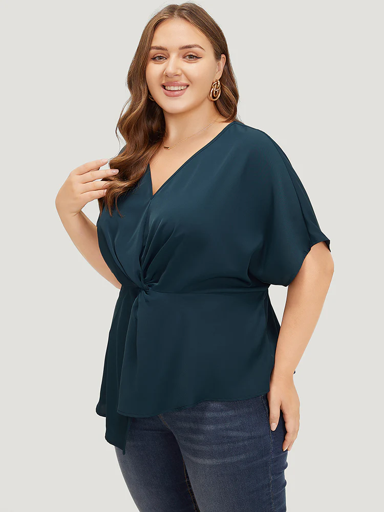 Plain Twist Front Dolman Sleeve Asymmetrical Hem Blouse - Image 3