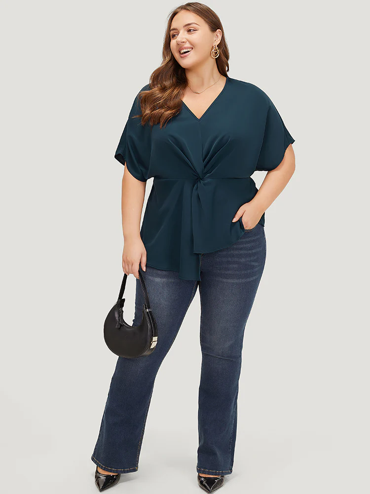 Plain Twist Front Dolman Sleeve Asymmetrical Hem Blouse - Image 5