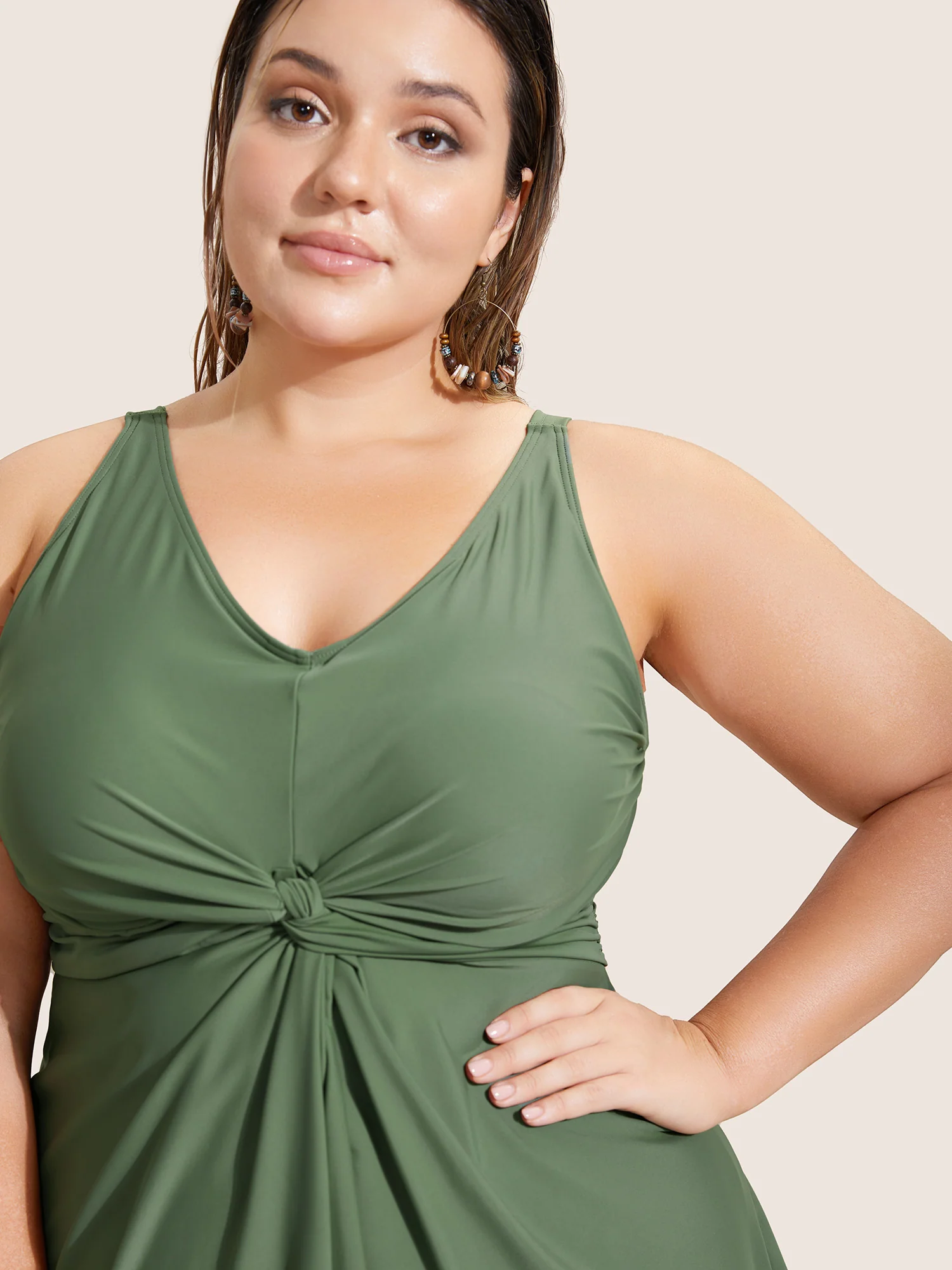 Plain Twist Front Gathered Swim Dress - Image 3