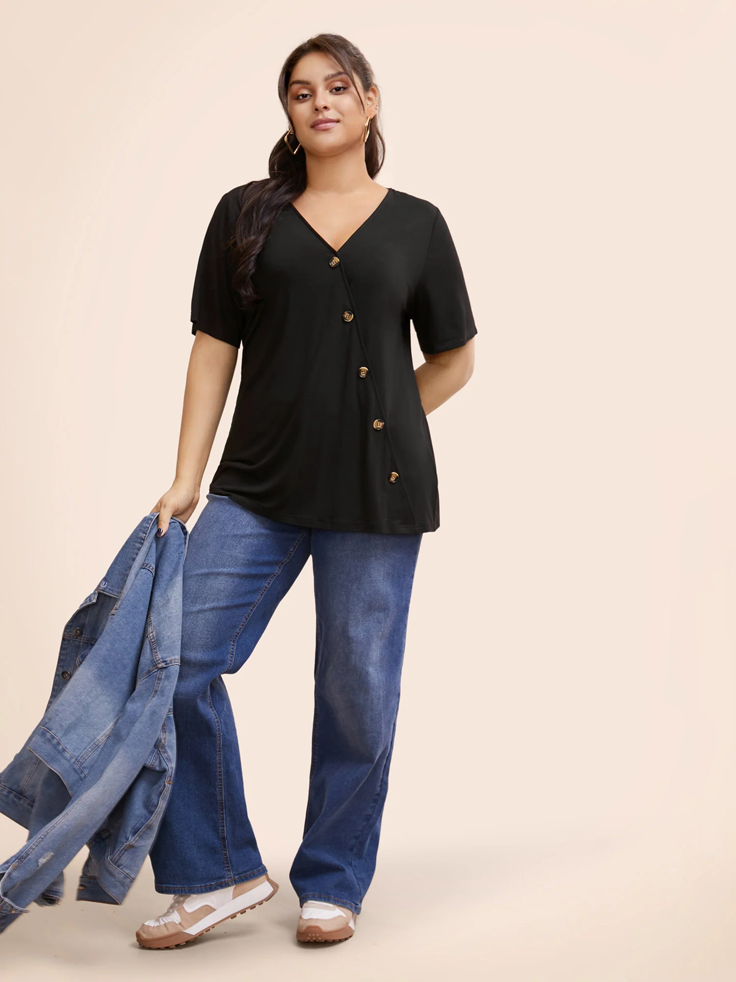Plain V Neck Button Detail Flutter Sleeve T-shirt - Image 2