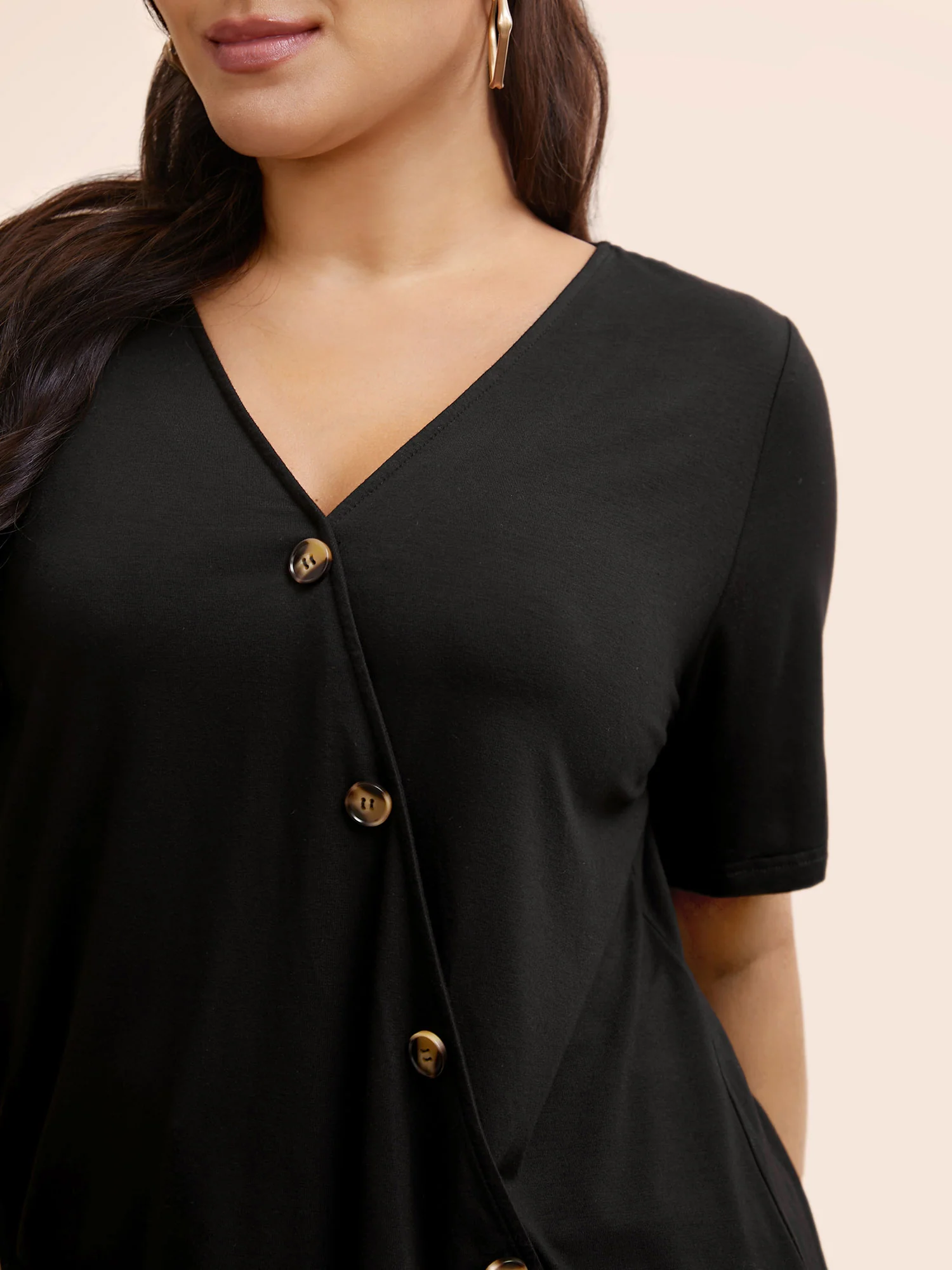 Plain V Neck Button Detail Flutter Sleeve T-shirt - Image 3