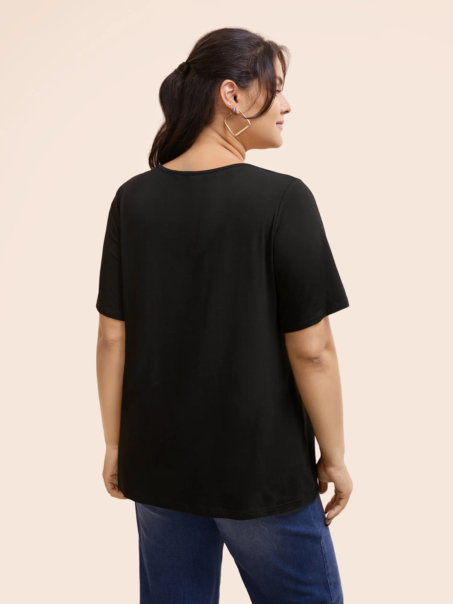 Plain V Neck Button Detail Flutter Sleeve T-shirt - Image 4